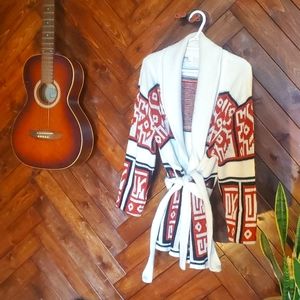 Vintage 70s cardigan with belt, geometric cream rust and black design